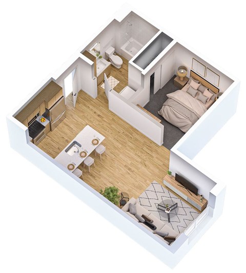 Floor plan for 1 bed, 1 bath, 570 sqft